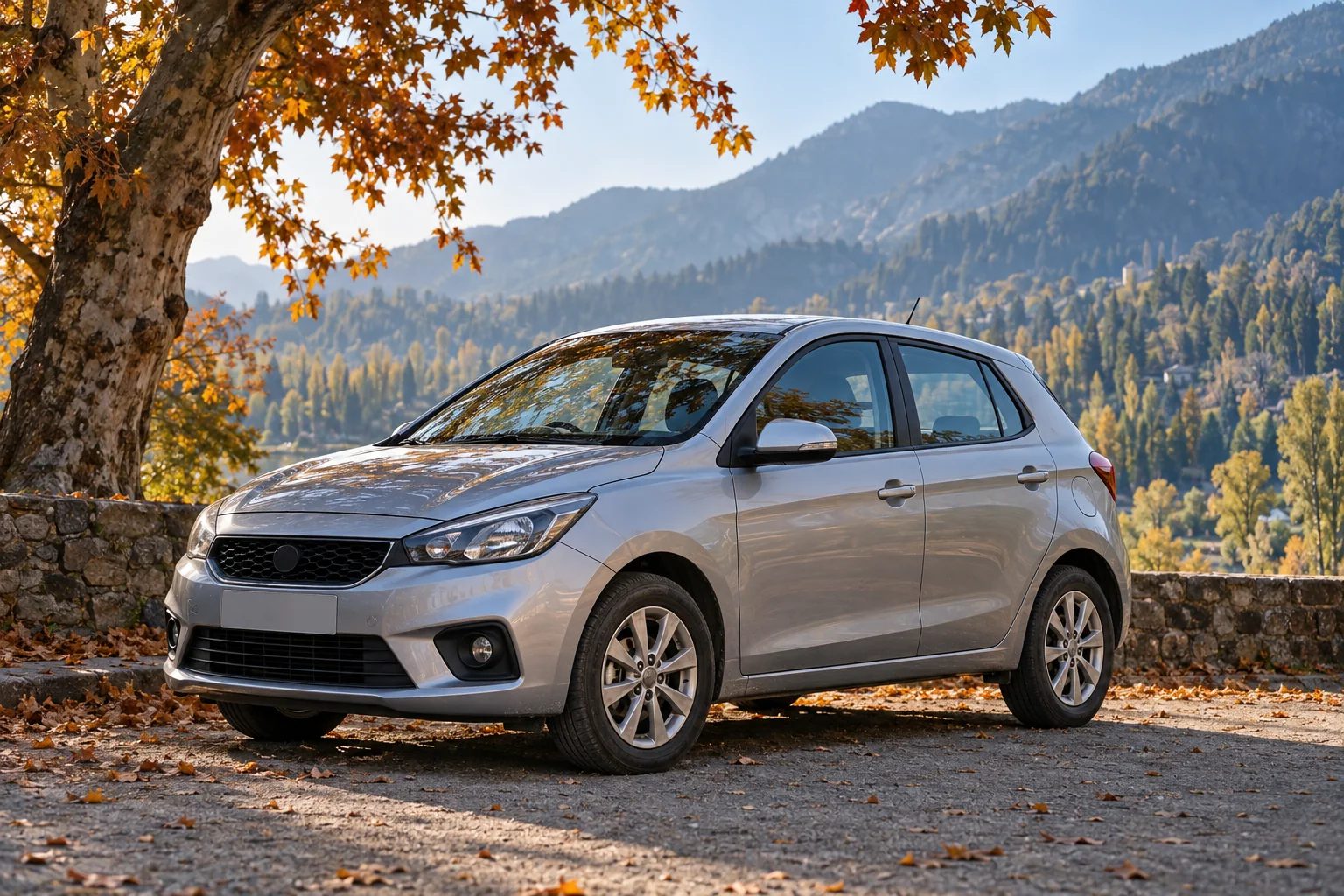 Illustrative silver hatchback beside autumn trees in a Kashmir valley.