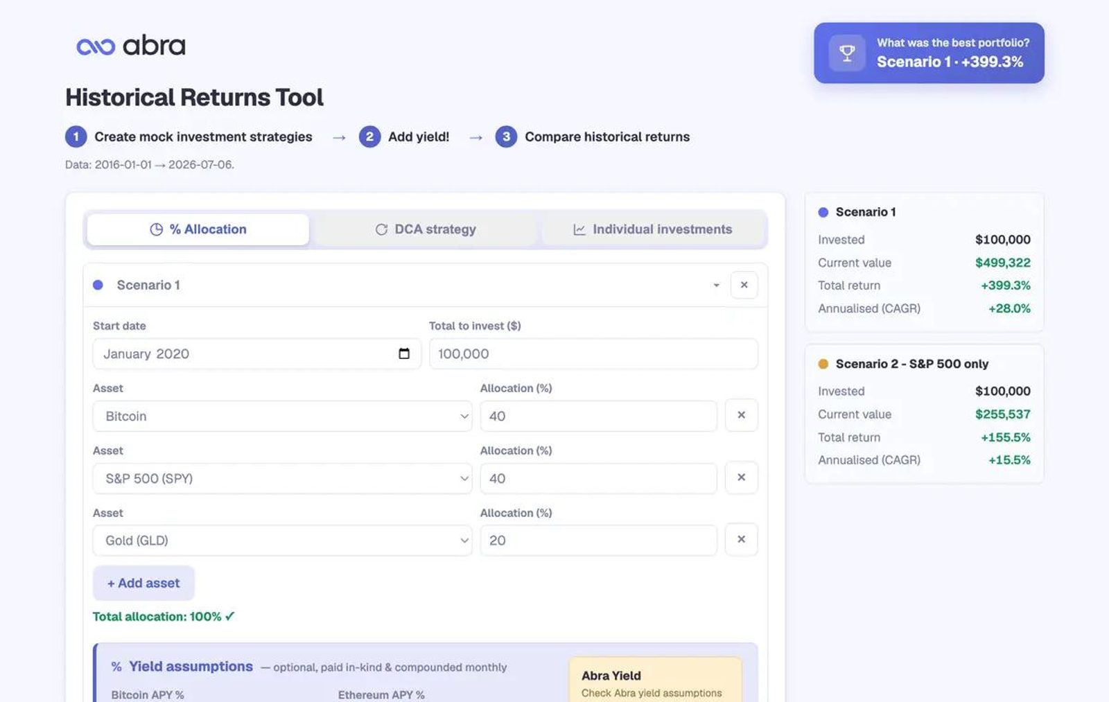 Abra Portfolio Builder — build a scenario