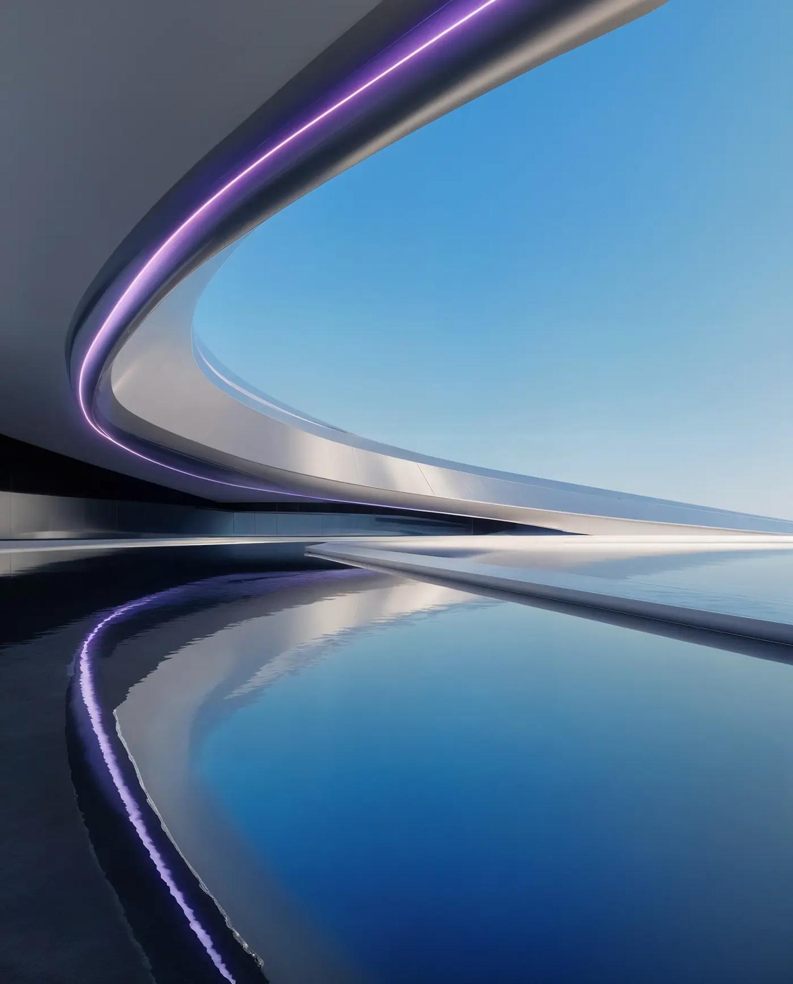 A sculpted white arch framing sky over a reflecting pool, edged in violet light