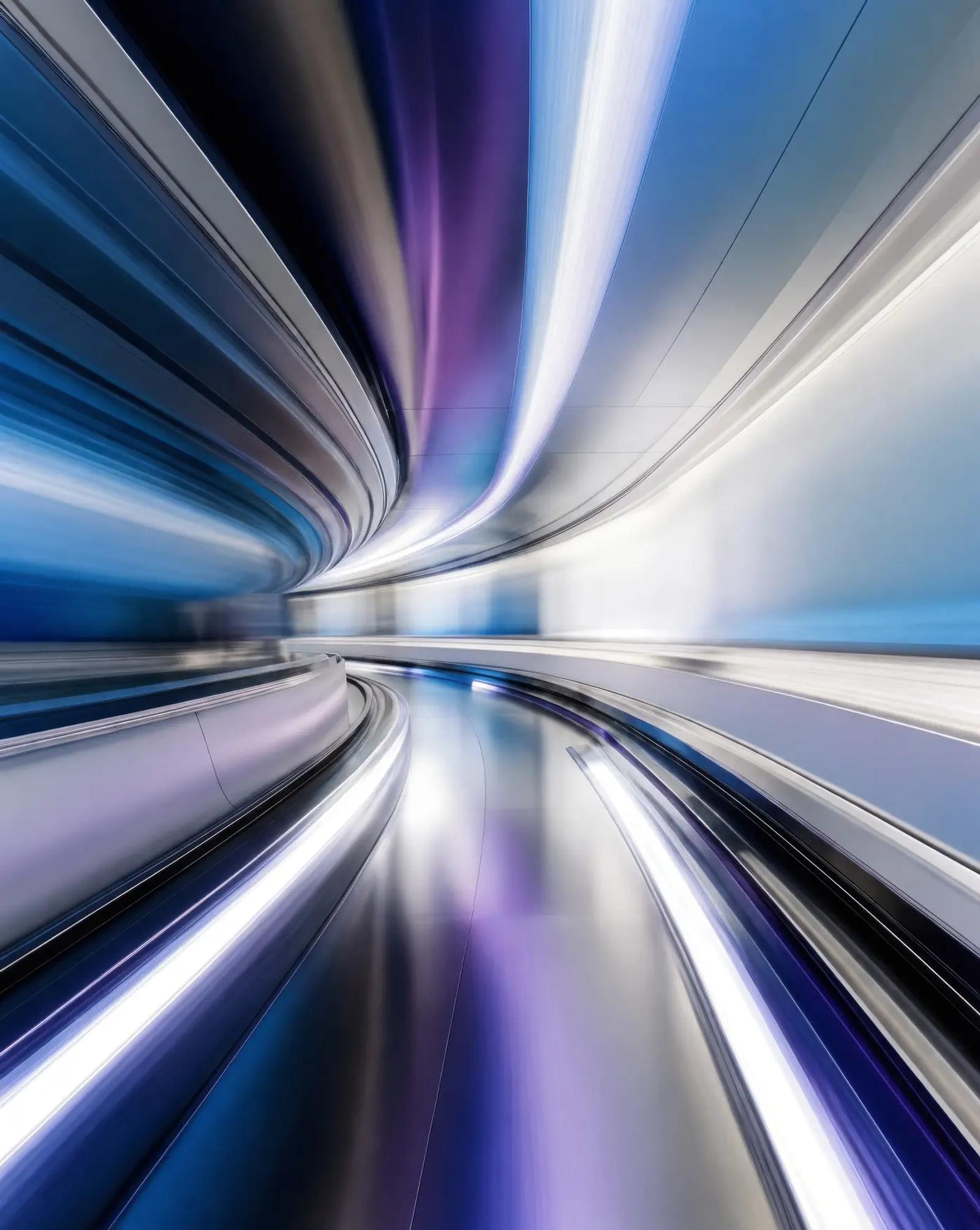 Ribbons of brushed steel and violet light converging into one point