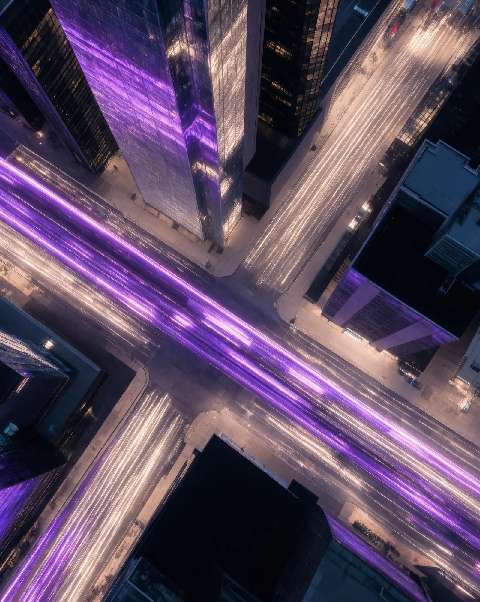Aerial view of city avenues crossing, traced in violet light