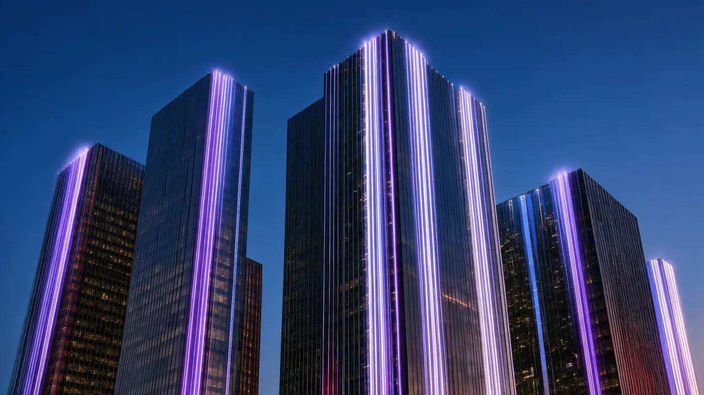 Glass towers at dusk with violet light running up their edges