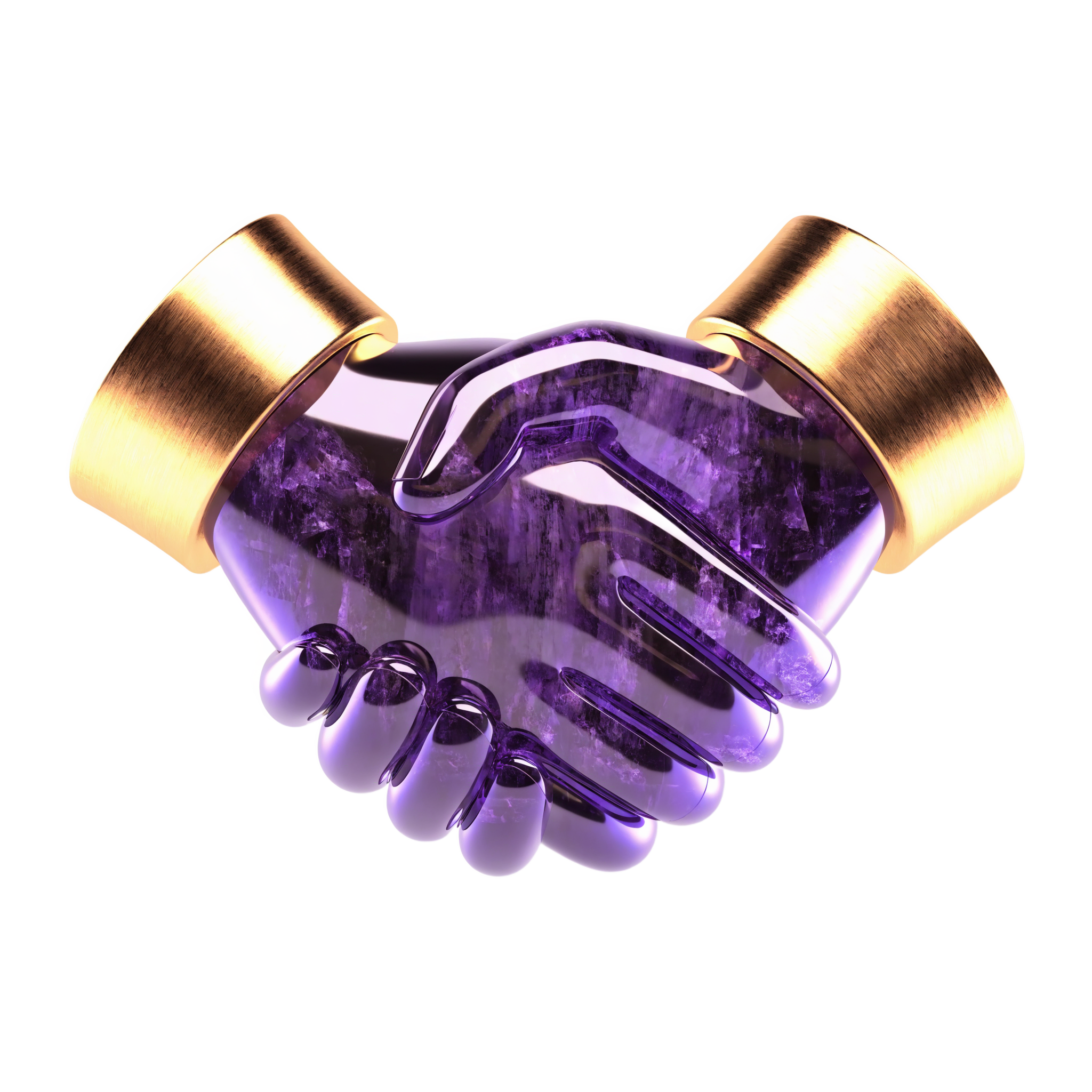 A handshake sculpted in amethyst and gold, from Abra's illustration set