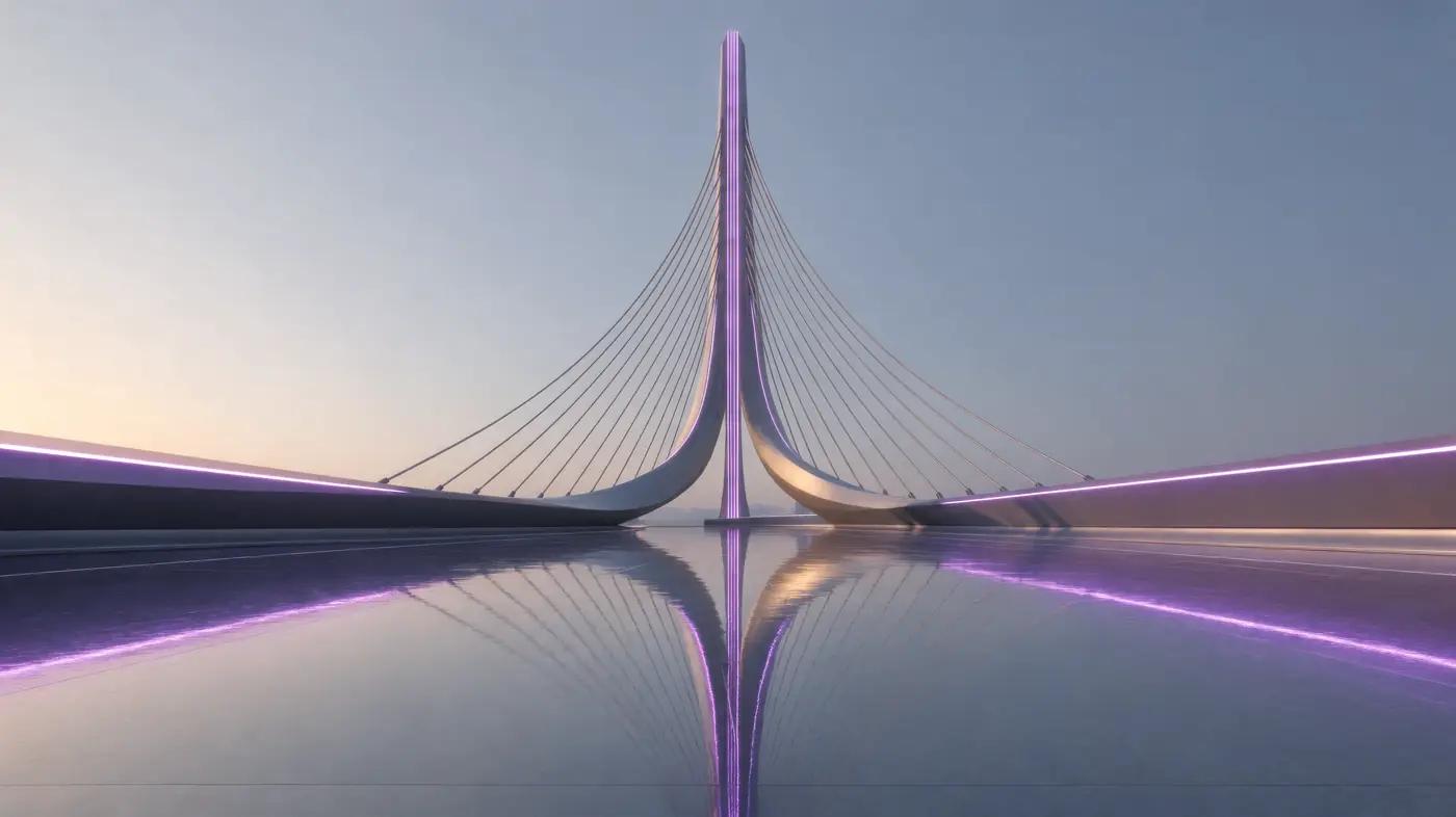 A cable-stayed bridge mirrored in calm water, joining two shores
