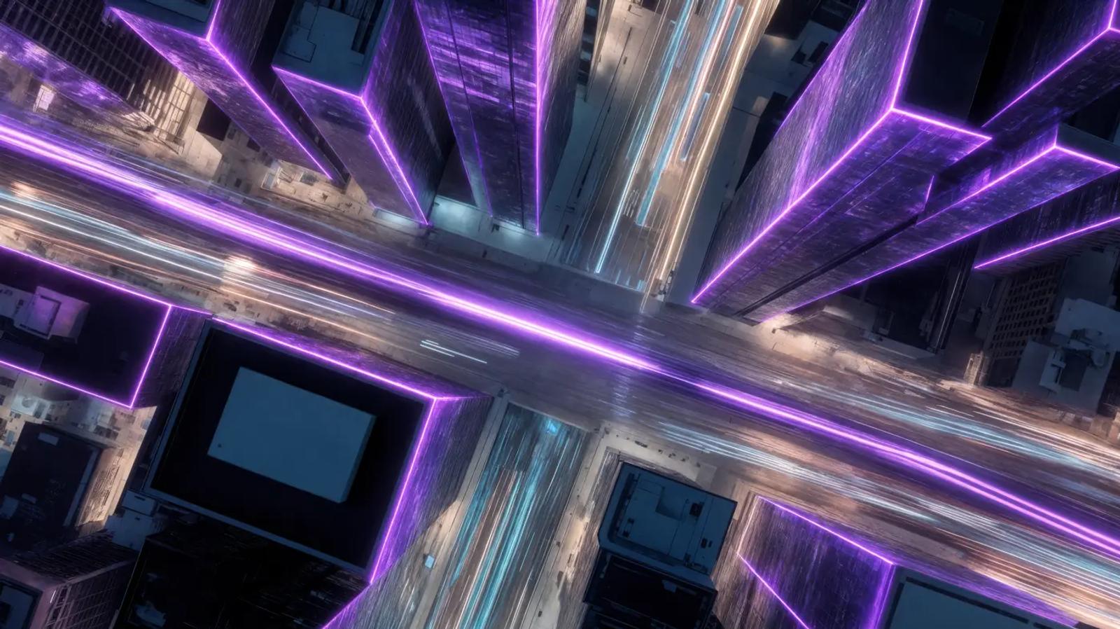 Aerial view of a city grid with routes lit in violet, branching outward