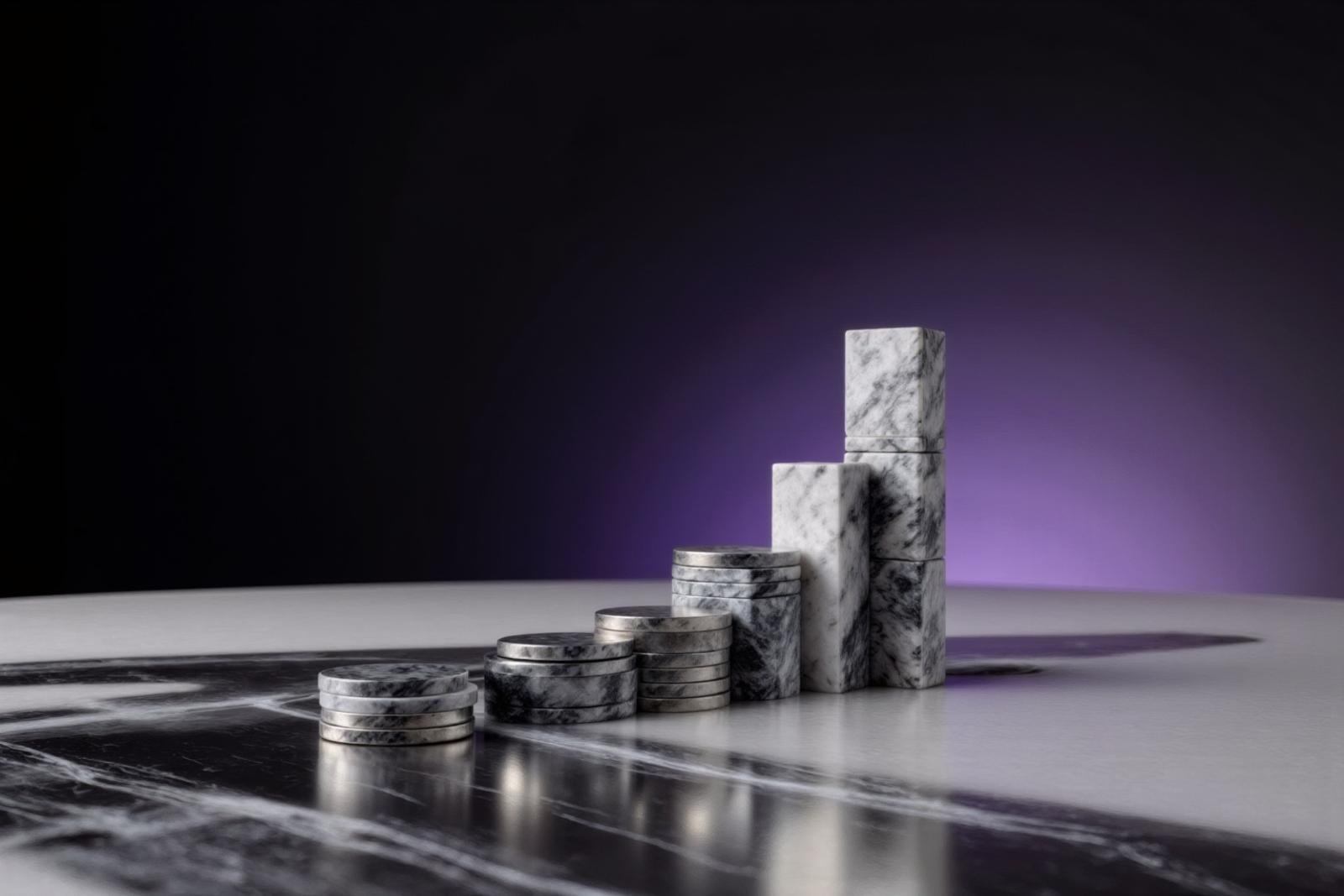 Marble disc and block stacks rising like a bar chart under a violet glow