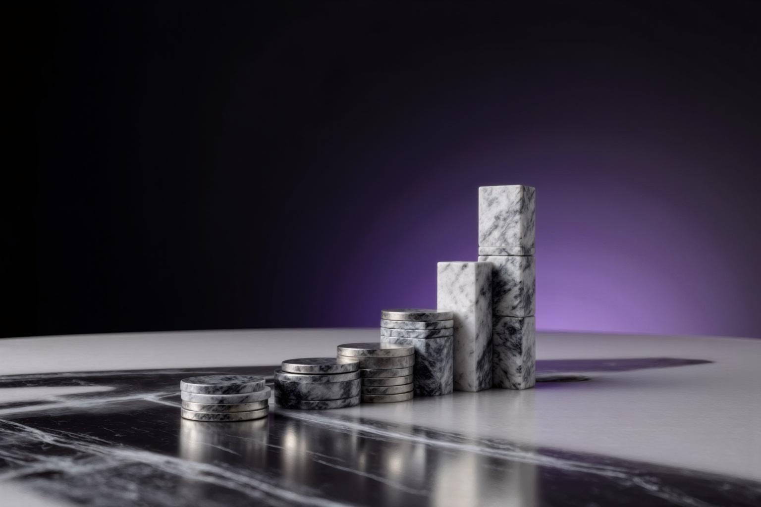 Marble disc and block stacks rising like a bar chart under a violet glow