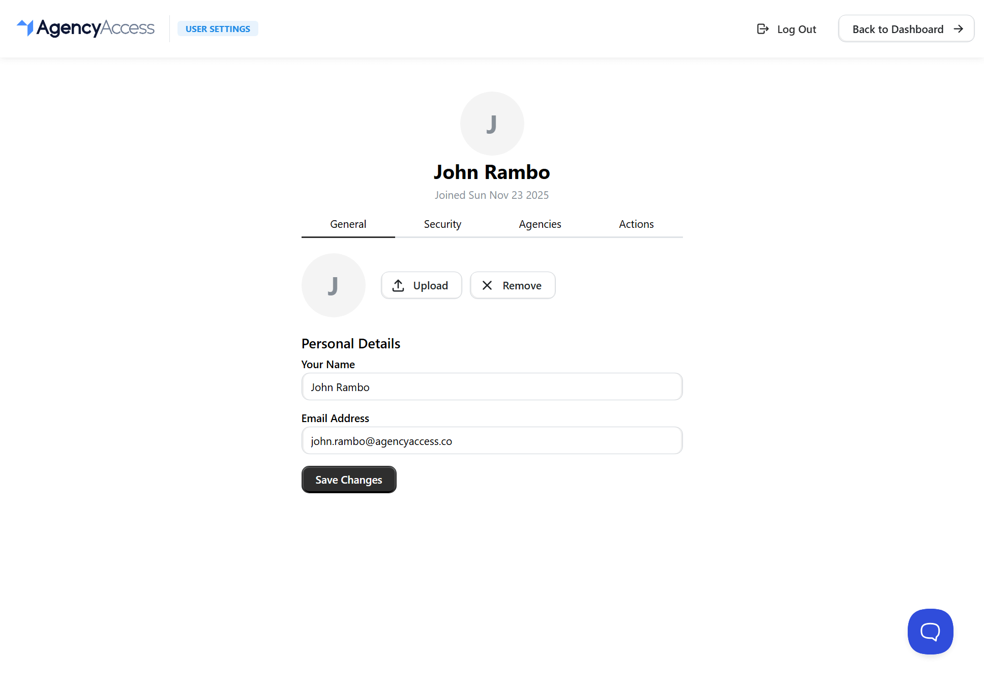 Personal profile settings page
