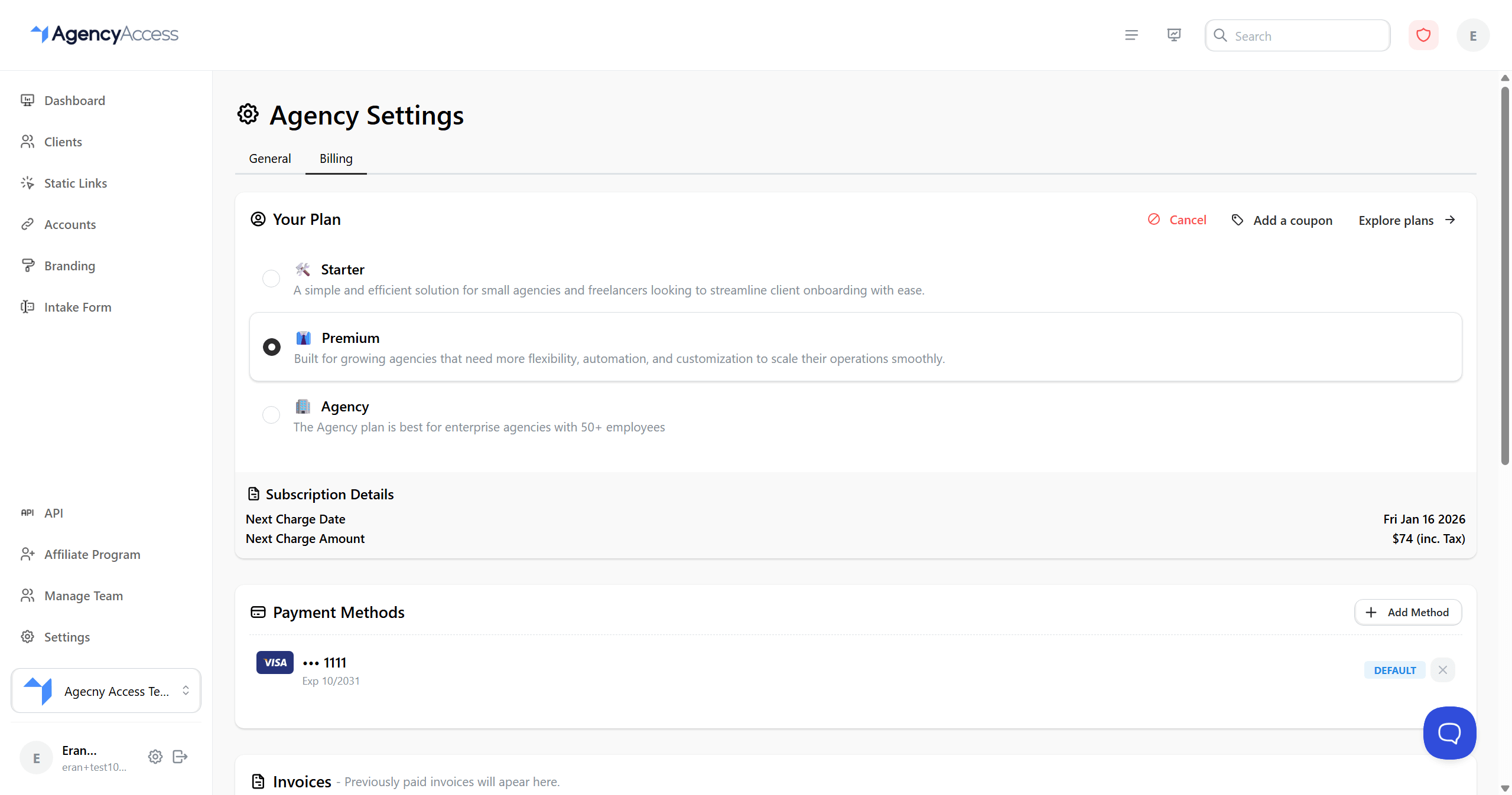 Billing and subscription settings