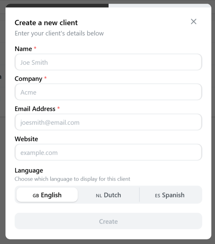 Create client modal