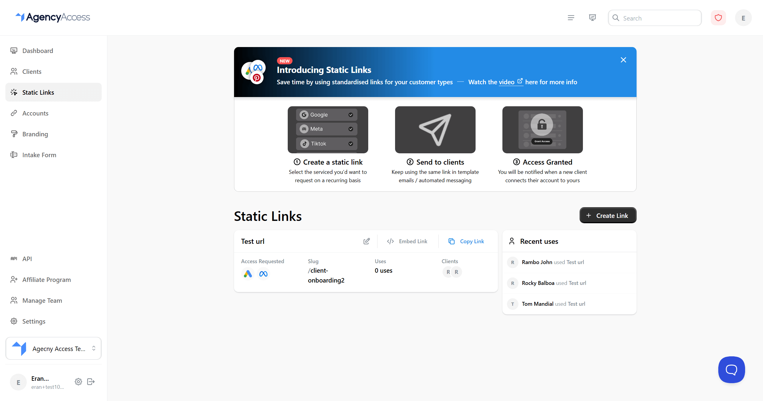 Static links management page