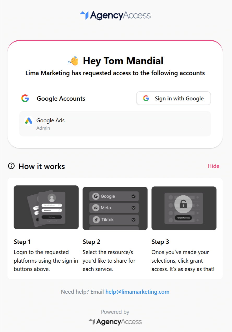Client-facing invitation page from static link