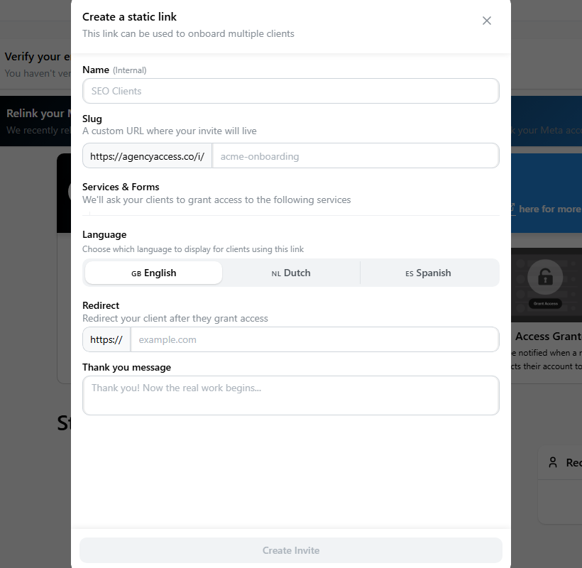 Create access page modal