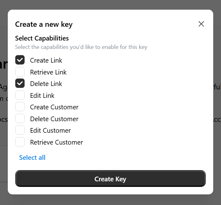 API key generation with capability selection