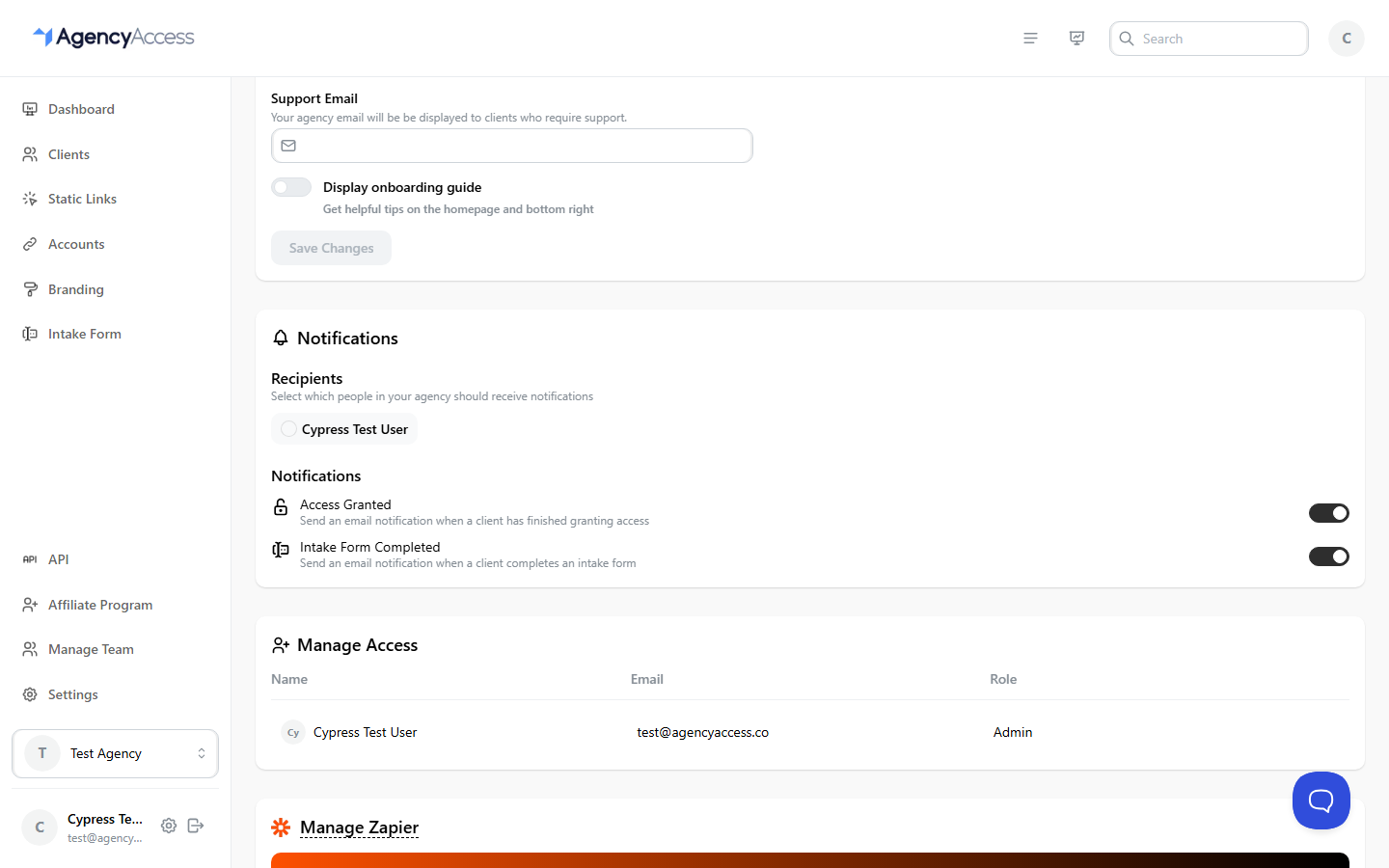 Manage Access section in account settings