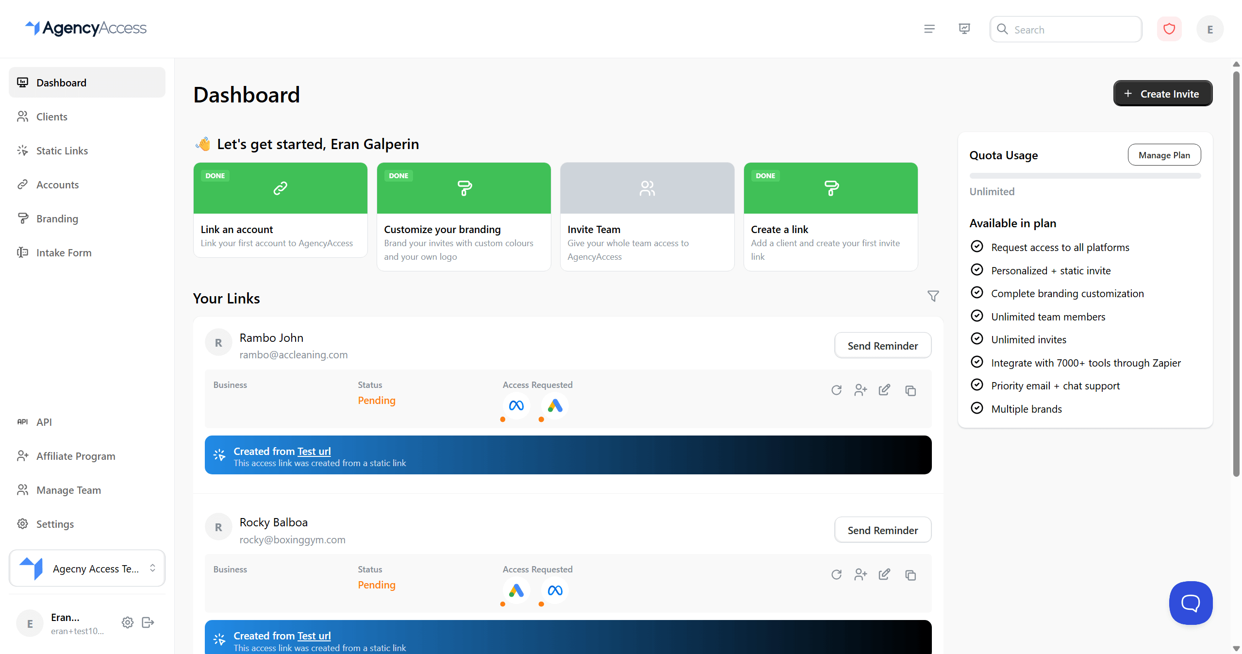 Dashboard overview showing access links and quick actions