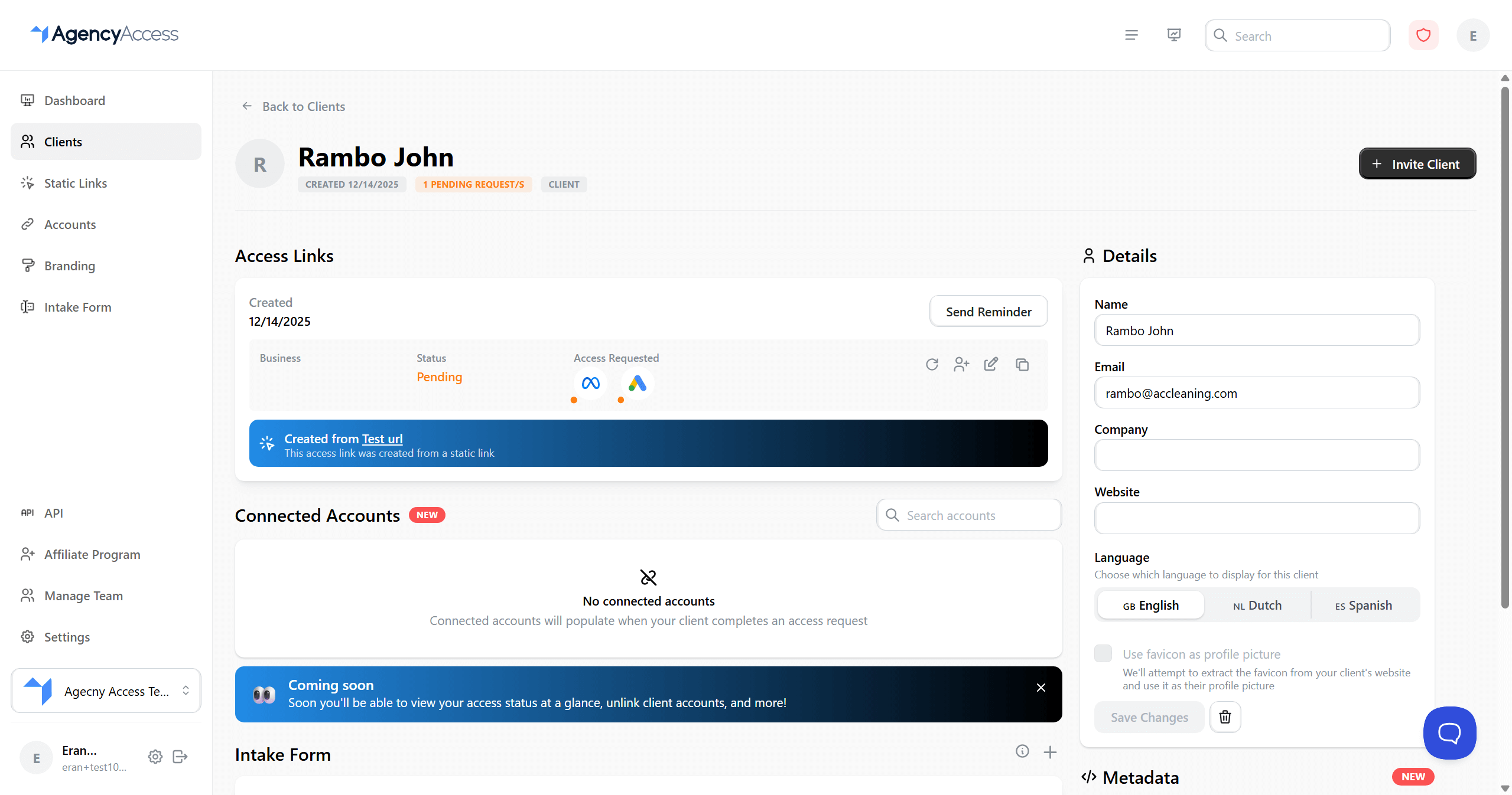 Client profile page with details and access links