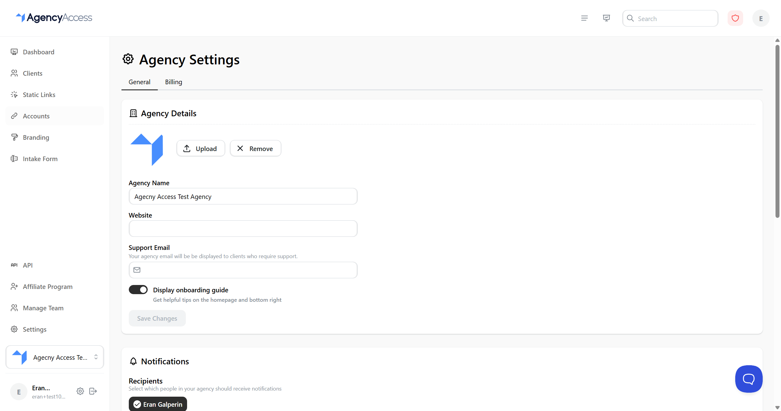 Agency settings with company information
