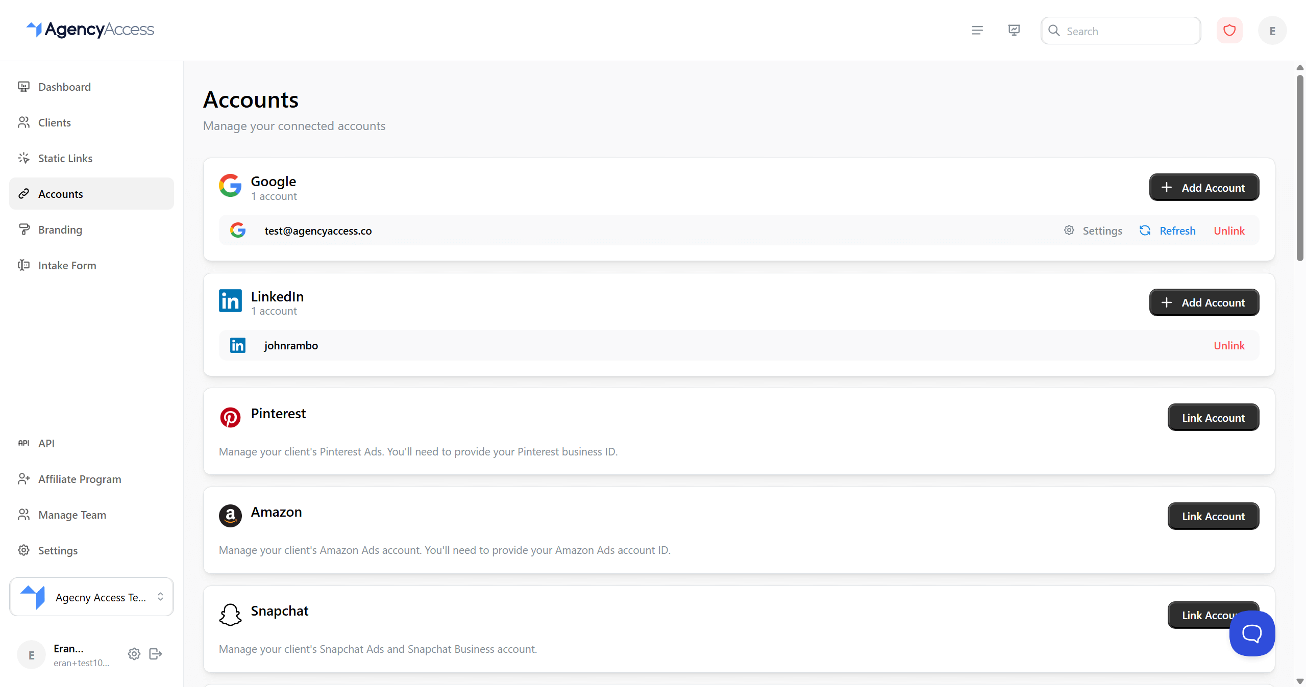 Accounts page showing connected platform accounts