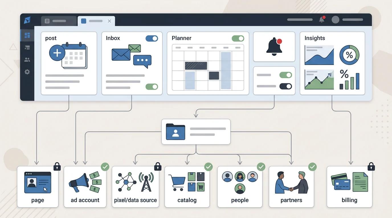 Diagram showing Meta Business Suite as the workspace above business asset permissions