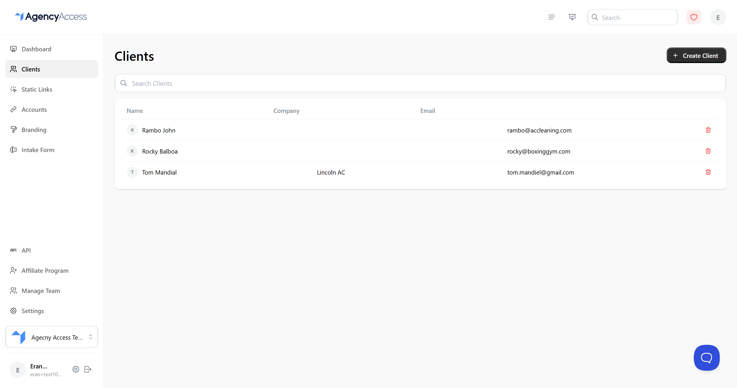 Clients list showing all clients