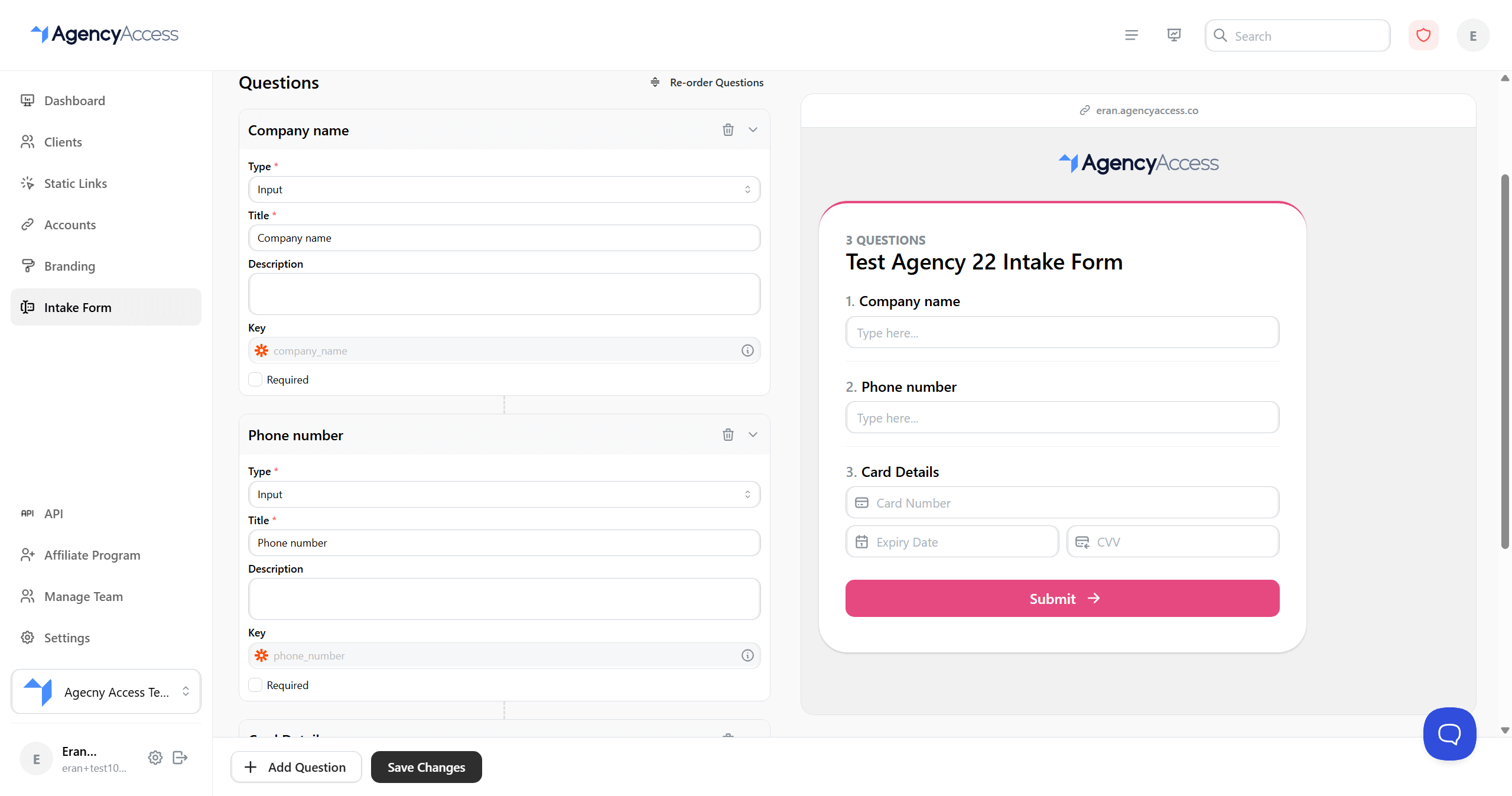 Intake form builder with question configuration