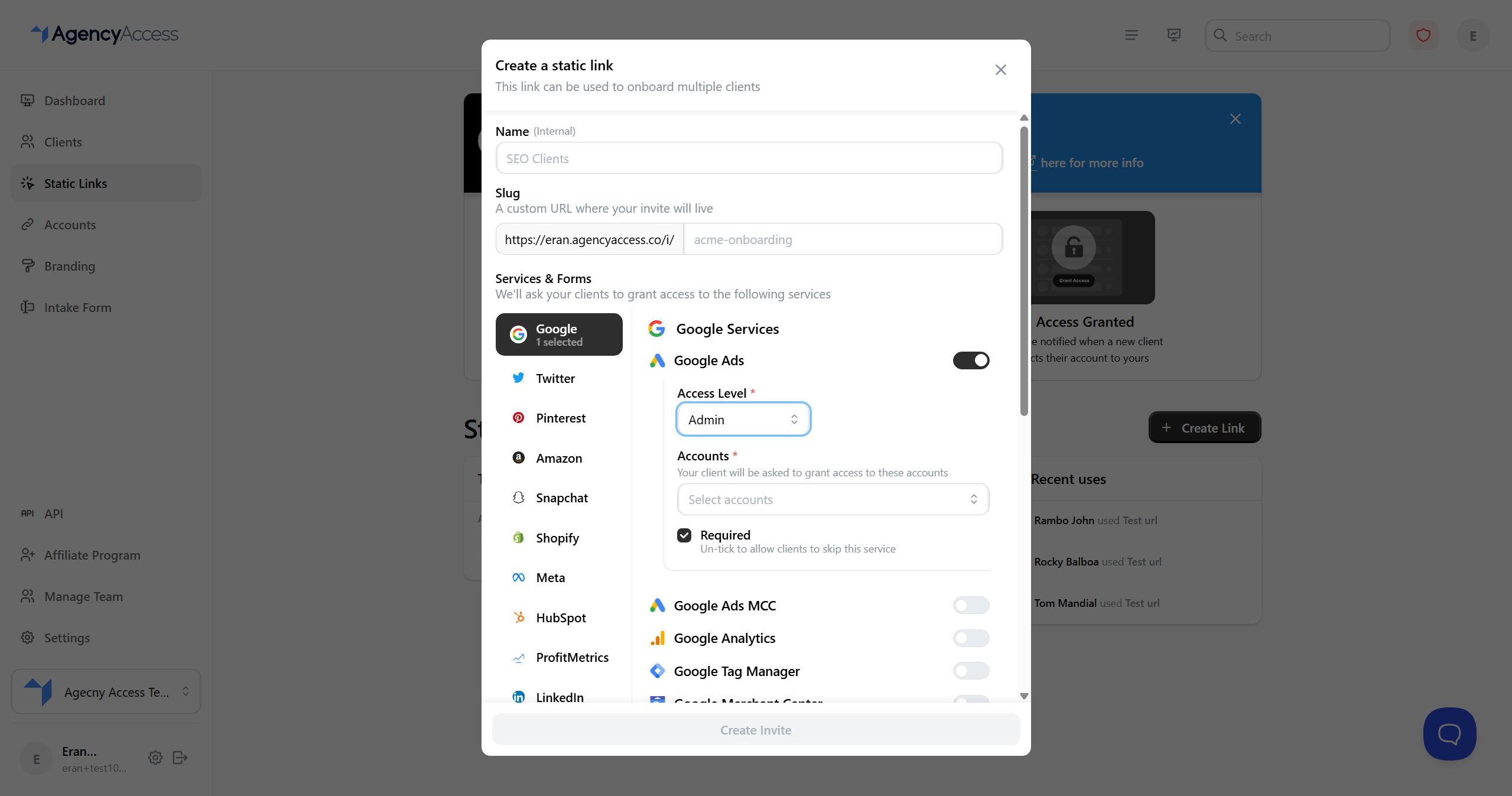 Create access link modal with service selection