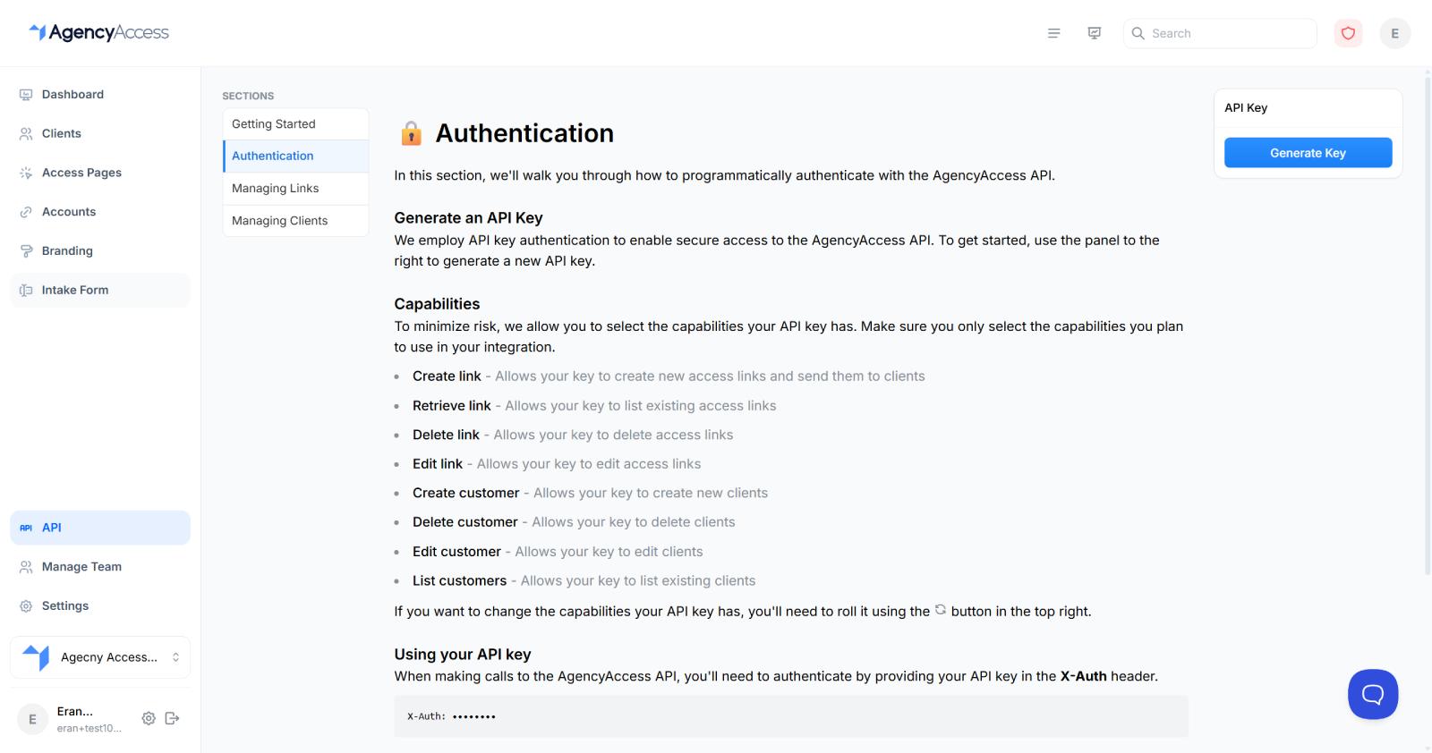 API authentication page with capability selection