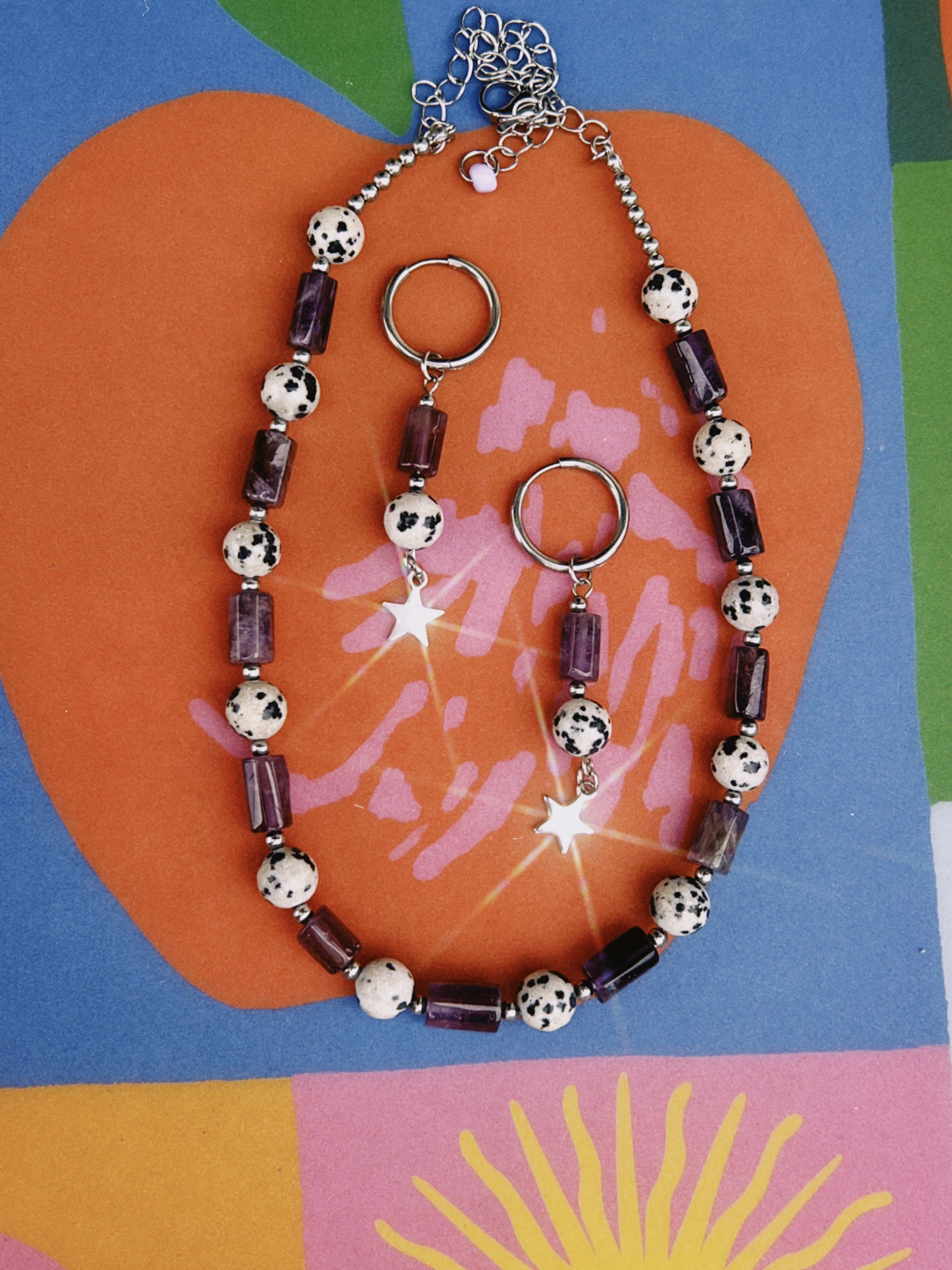 pack de collar y pendientes de piedras y acero inoxidable