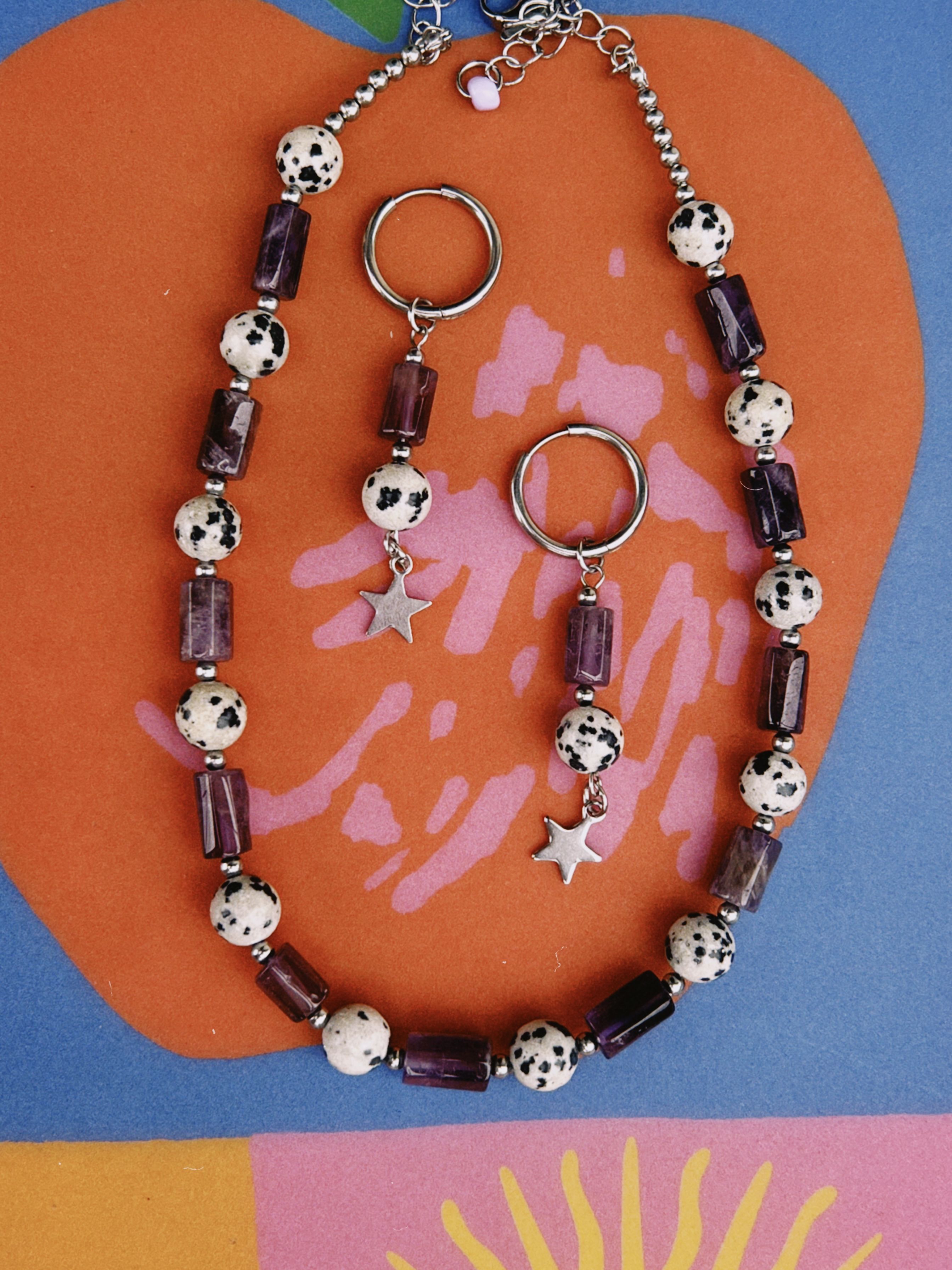 pack de collar y pendientes de acero y piedras, super artesanal y únicos