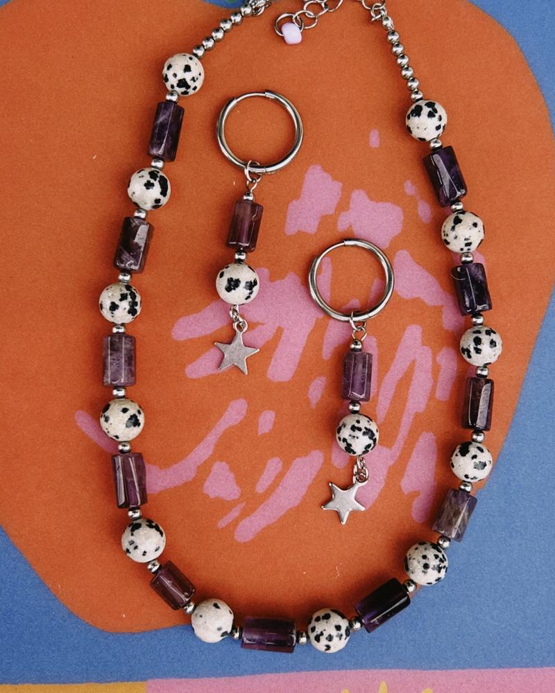 pack de collar y pendientes de acero y piedras, super artesanal y únicos