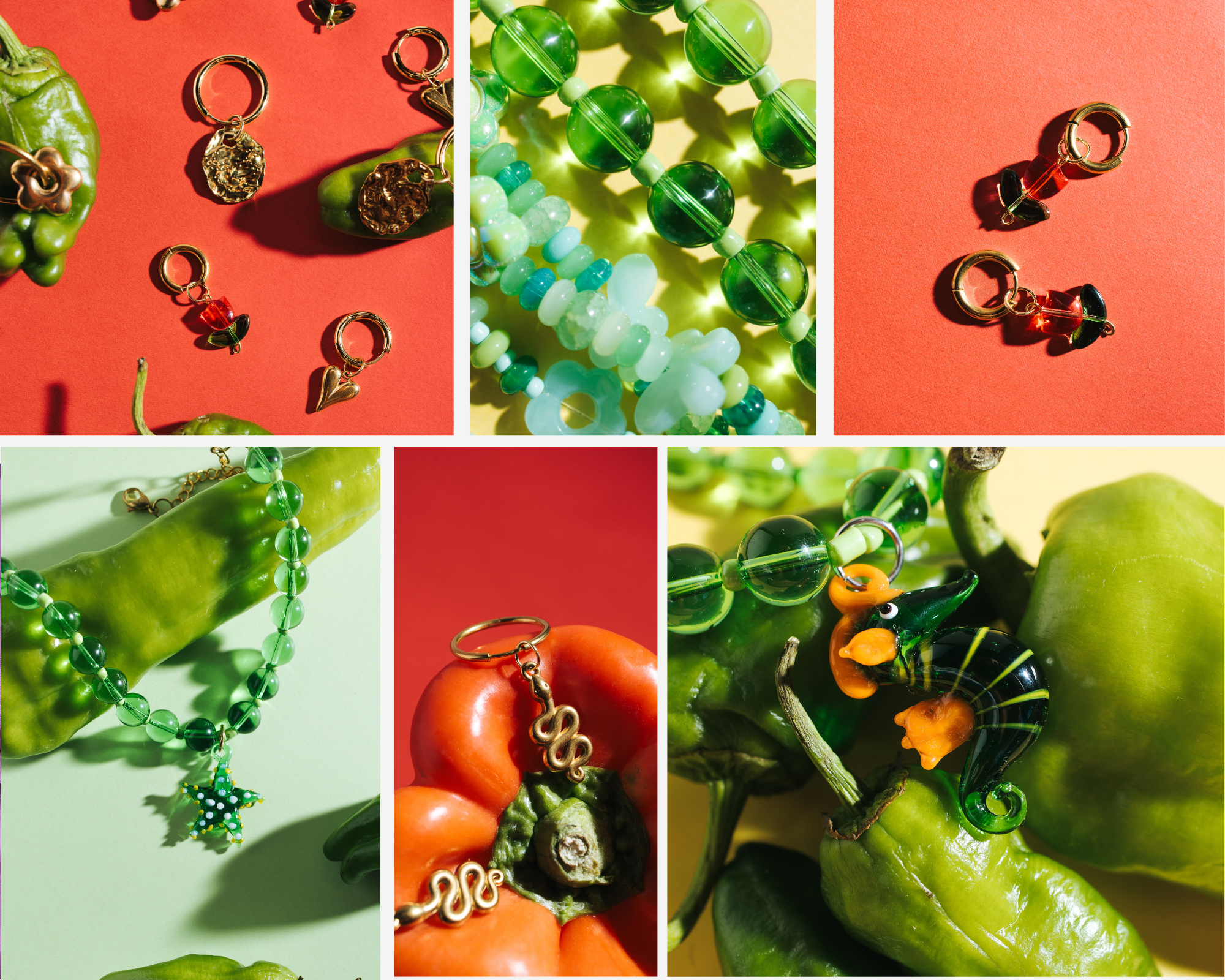 Accesorios en tonos de verde y rojo de WACHA