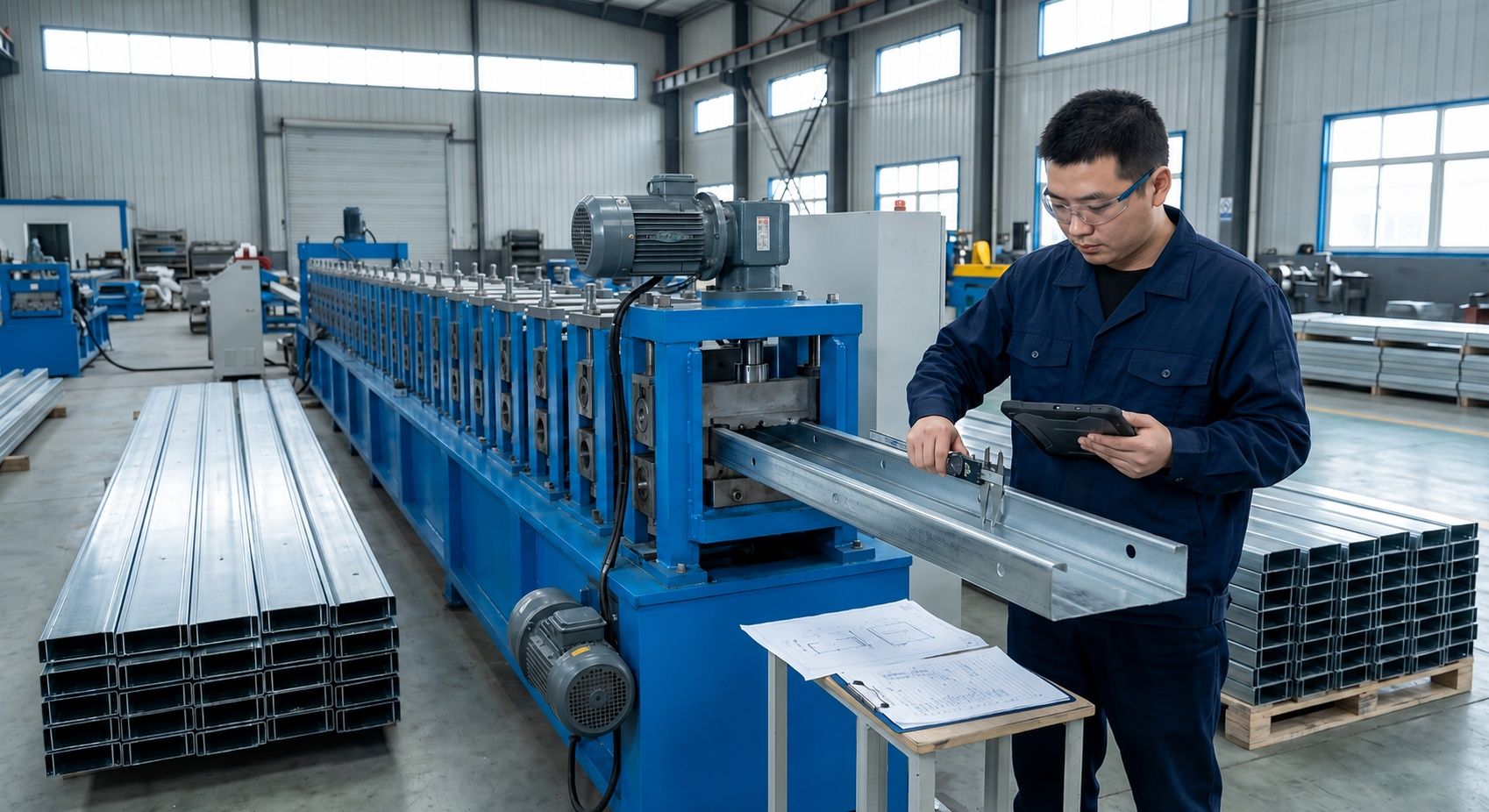 Unionindus technician installing roll forming machine at customer facility
