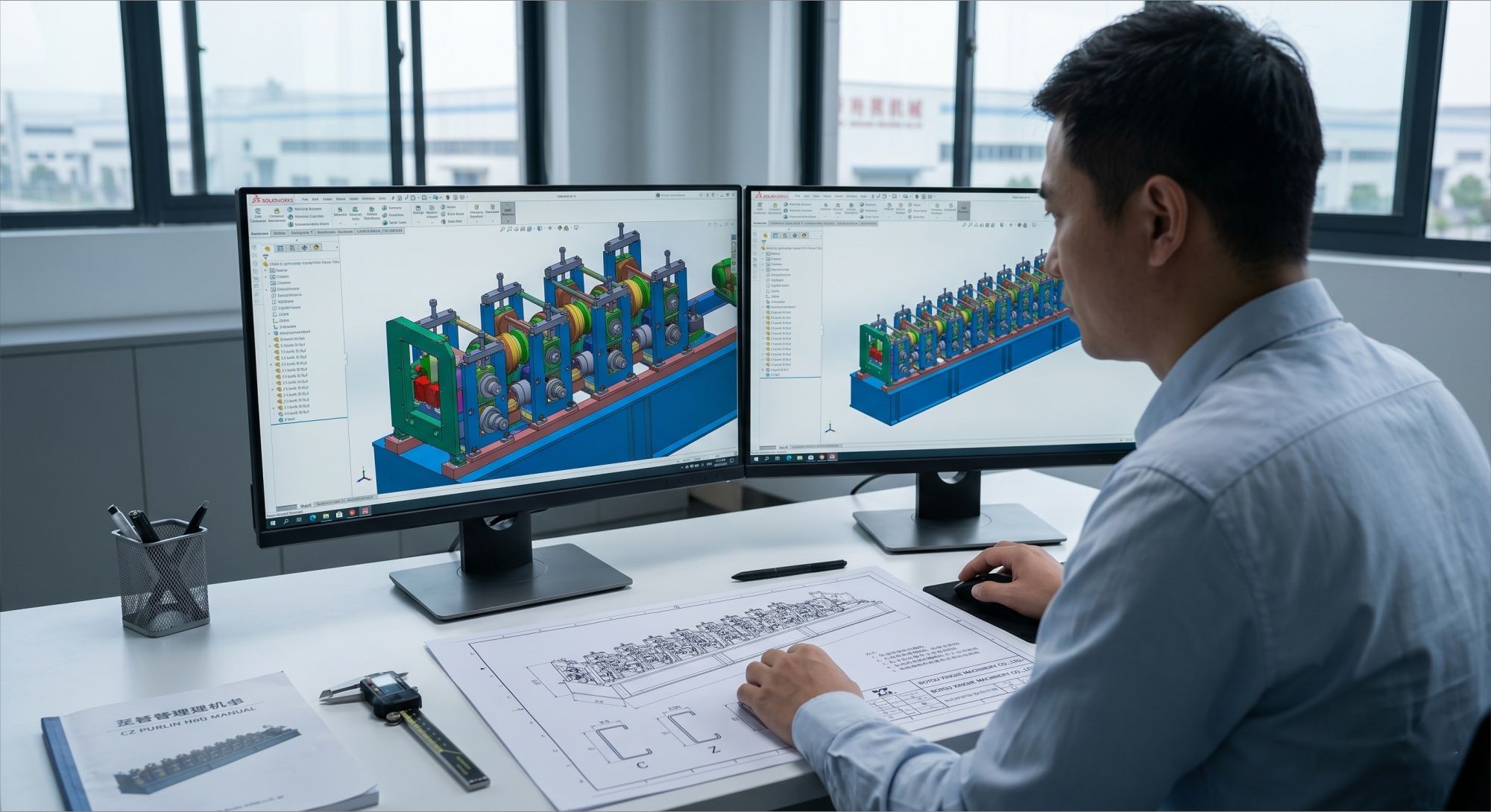 Unionindus engineer working on custom roll forming machine CAD design