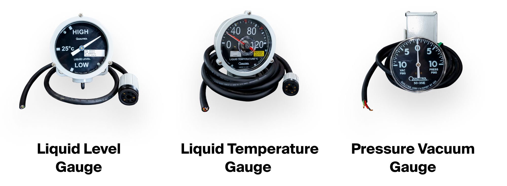 Maddox substation transformer gauges with alarm contacts: liquid level gauge, liquid temperature gauge, and pressure vacuum gauge.