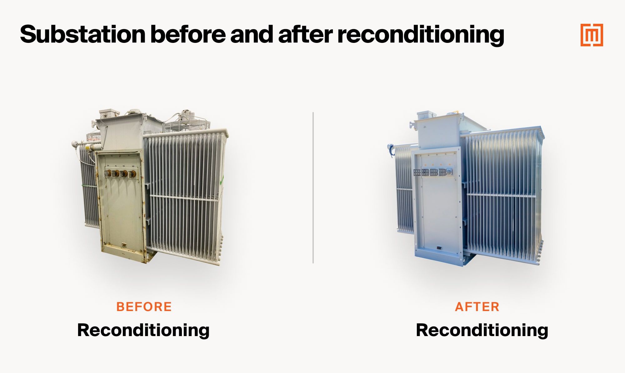 Images of a substation transformer before and after Maddox reconditioned it
