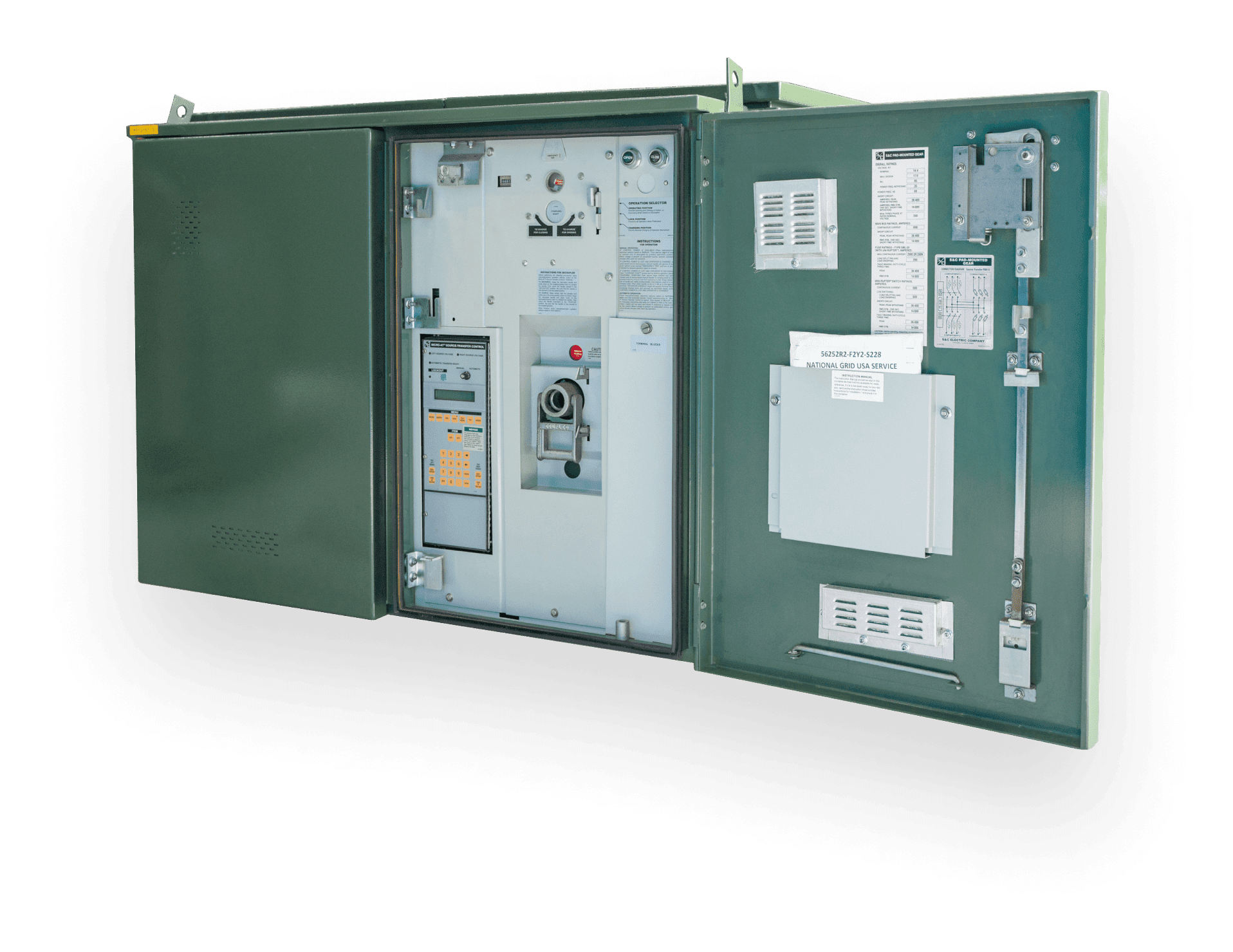 Green Pad-mounted switchgear with door open
