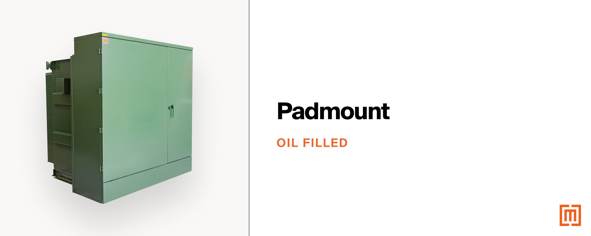 A green Maddox oil filled padmount transformer