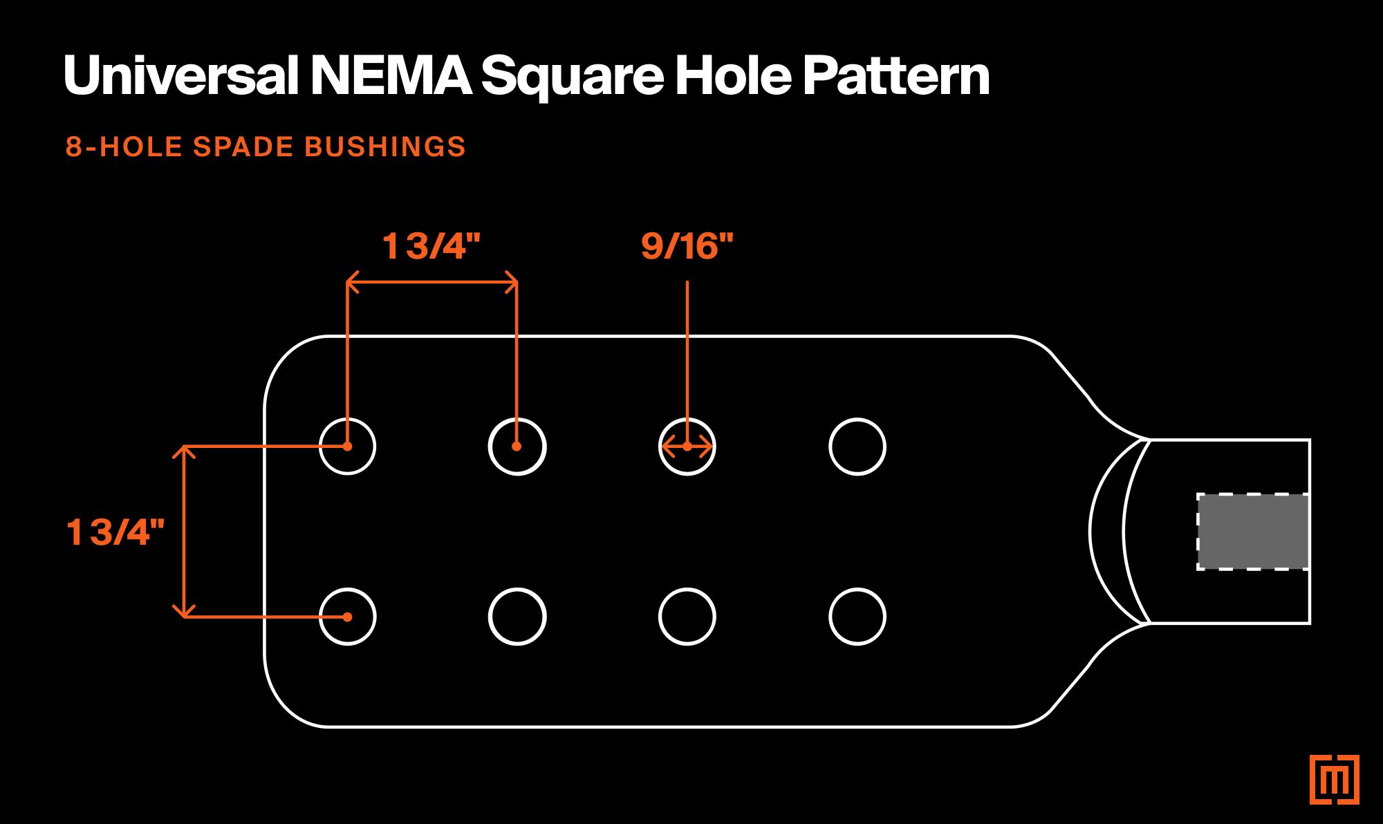 Diagram of a 8 - hole spade secondary or low voltage transformer bushing according to the Universal NEMA sqaure hole pattern
