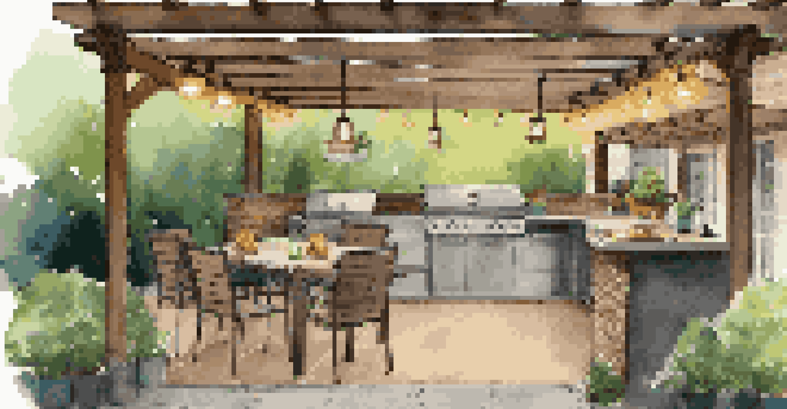 An outdoor kitchen with a pergola, featuring string lights and a dining table set for an evening meal.