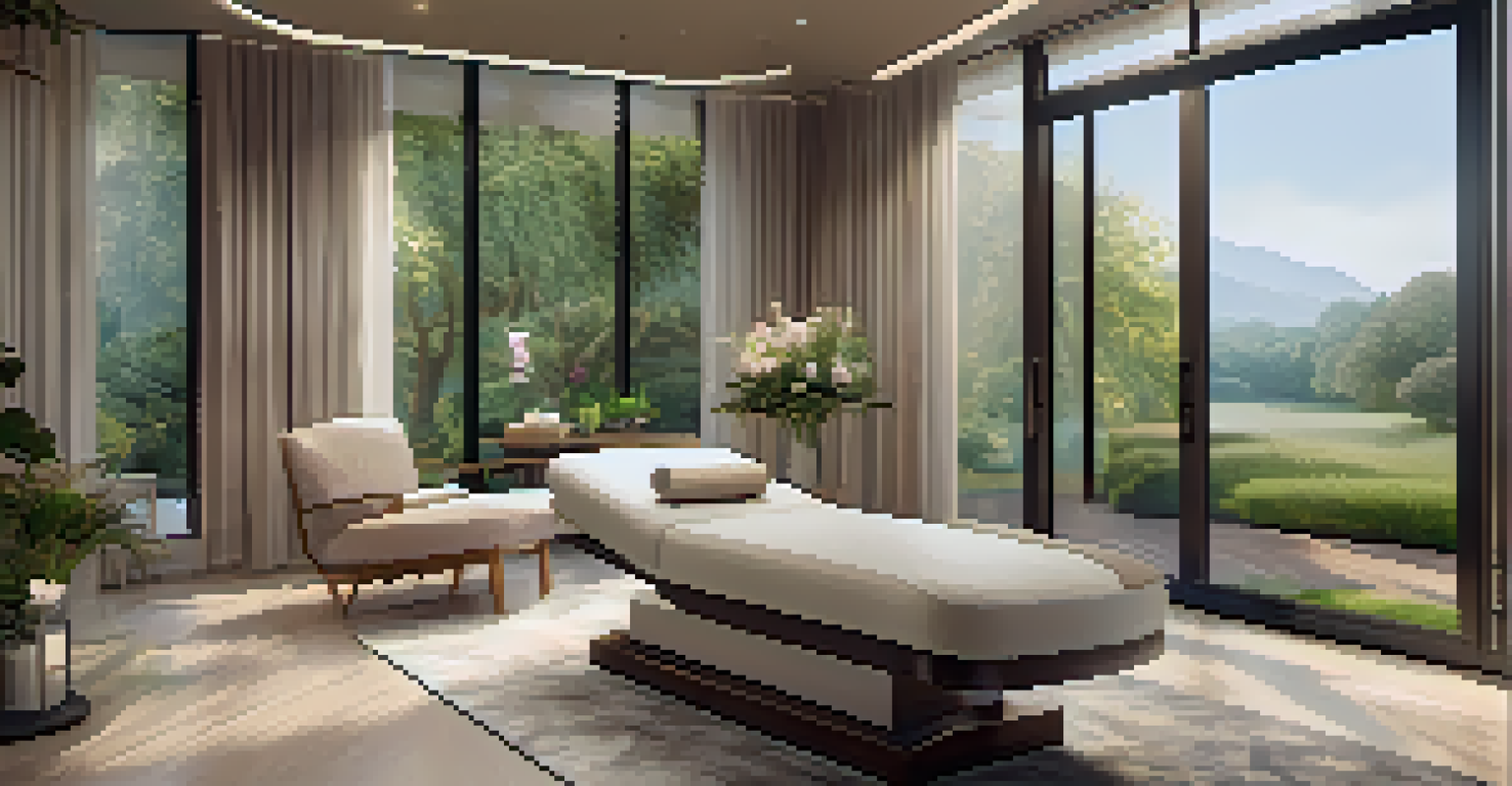A stylish wellness consultation room with organic skincare products, a nutritionist discussing plans with a client, and a view of a garden through the window.