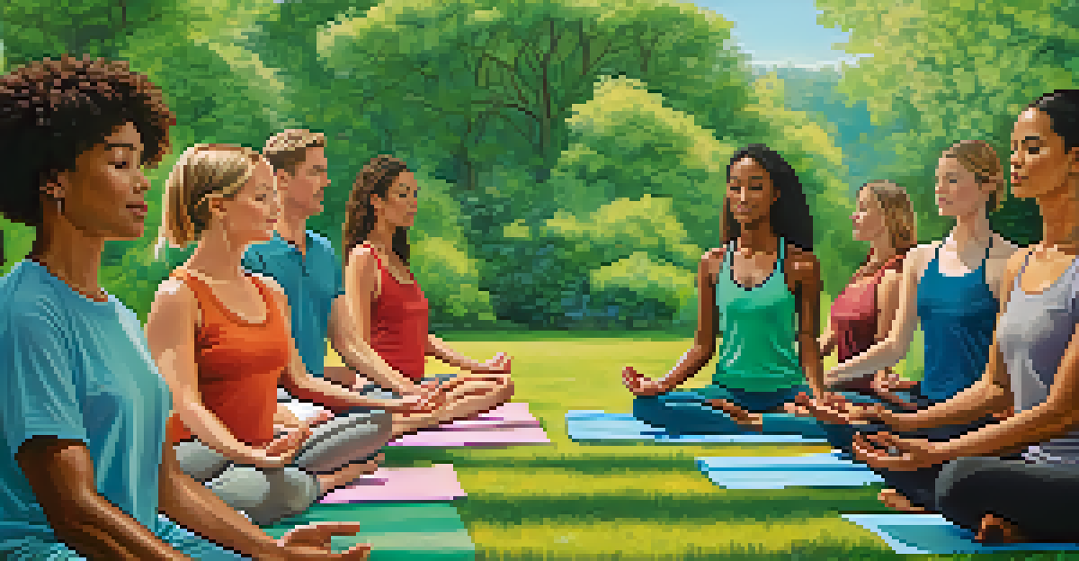 A diverse group of people practicing yoga outdoors at a wellness retreat, surrounded by nature.