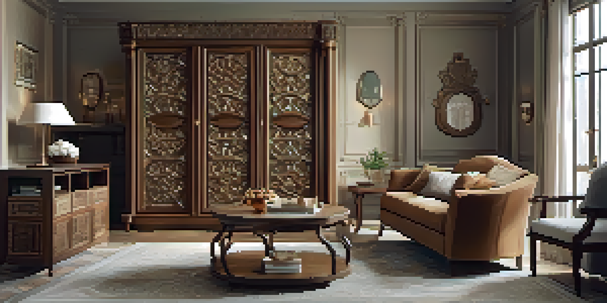 A luxurious living room showcasing an ornate armoire and decorative storage baskets, bathed in soft natural light.