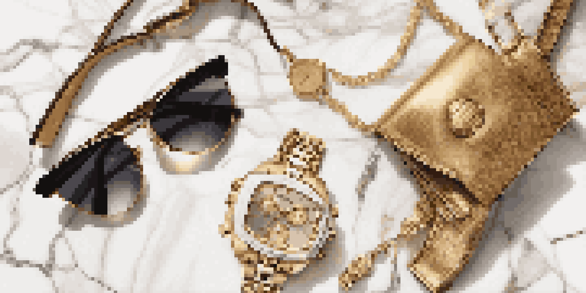 A flat lay featuring a designer handbag, sunglasses, and a gold watch on a marble surface, illuminated by soft natural light.