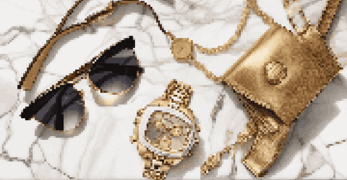 A flat lay featuring a designer handbag, sunglasses, and a gold watch on a marble surface, illuminated by soft natural light.