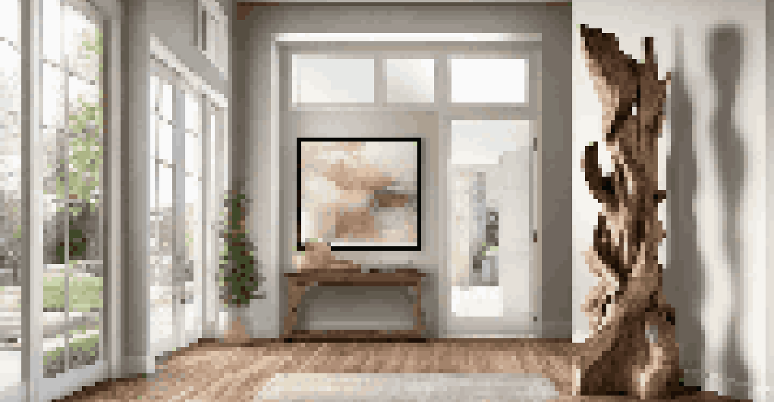 An entryway with a tall reclaimed wood sculpture as a focal point, enhanced by natural light and rustic decor.