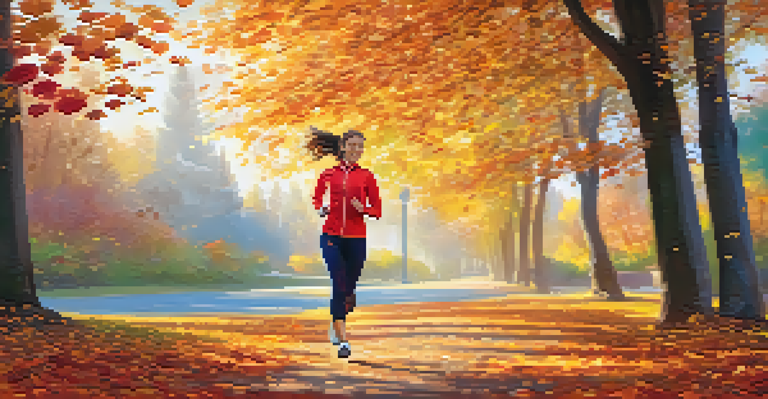 A person jogging in a park wearing a fitness tracker, surrounded by colorful autumn leaves and sunlight streaming through trees.