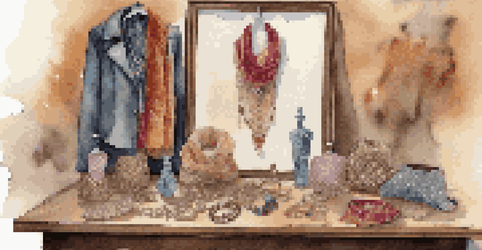 A collection of handcrafted fashion items displayed on a wooden table, highlighting their unique textures and colors in soft lighting.