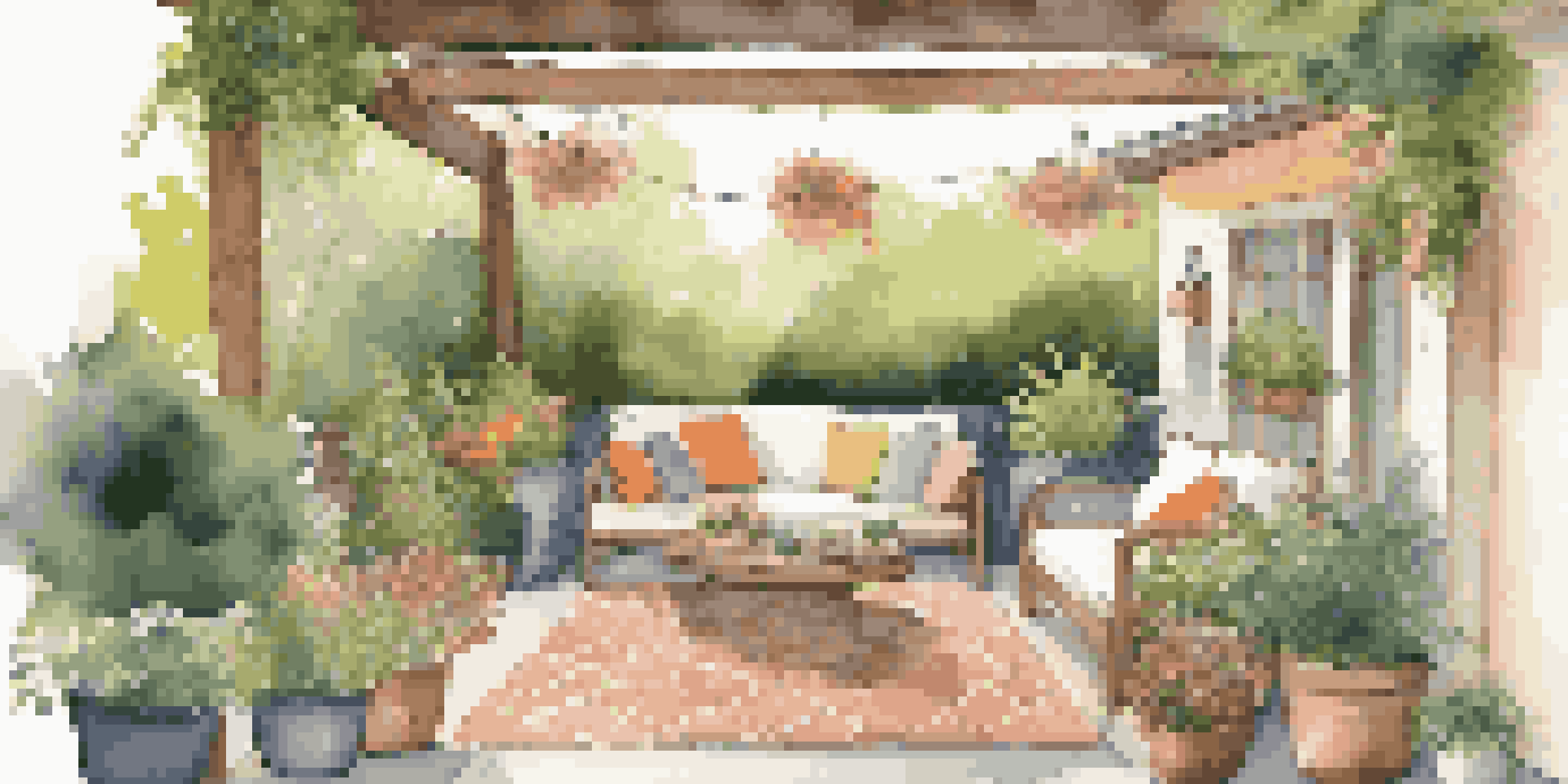 A cozy outdoor seating area with colorful cushions, surrounded by greenery and illuminated by string lights, creating a warm atmosphere.