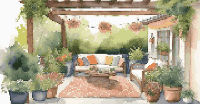 A cozy outdoor seating area with colorful cushions, surrounded by greenery and illuminated by string lights, creating a warm atmosphere.